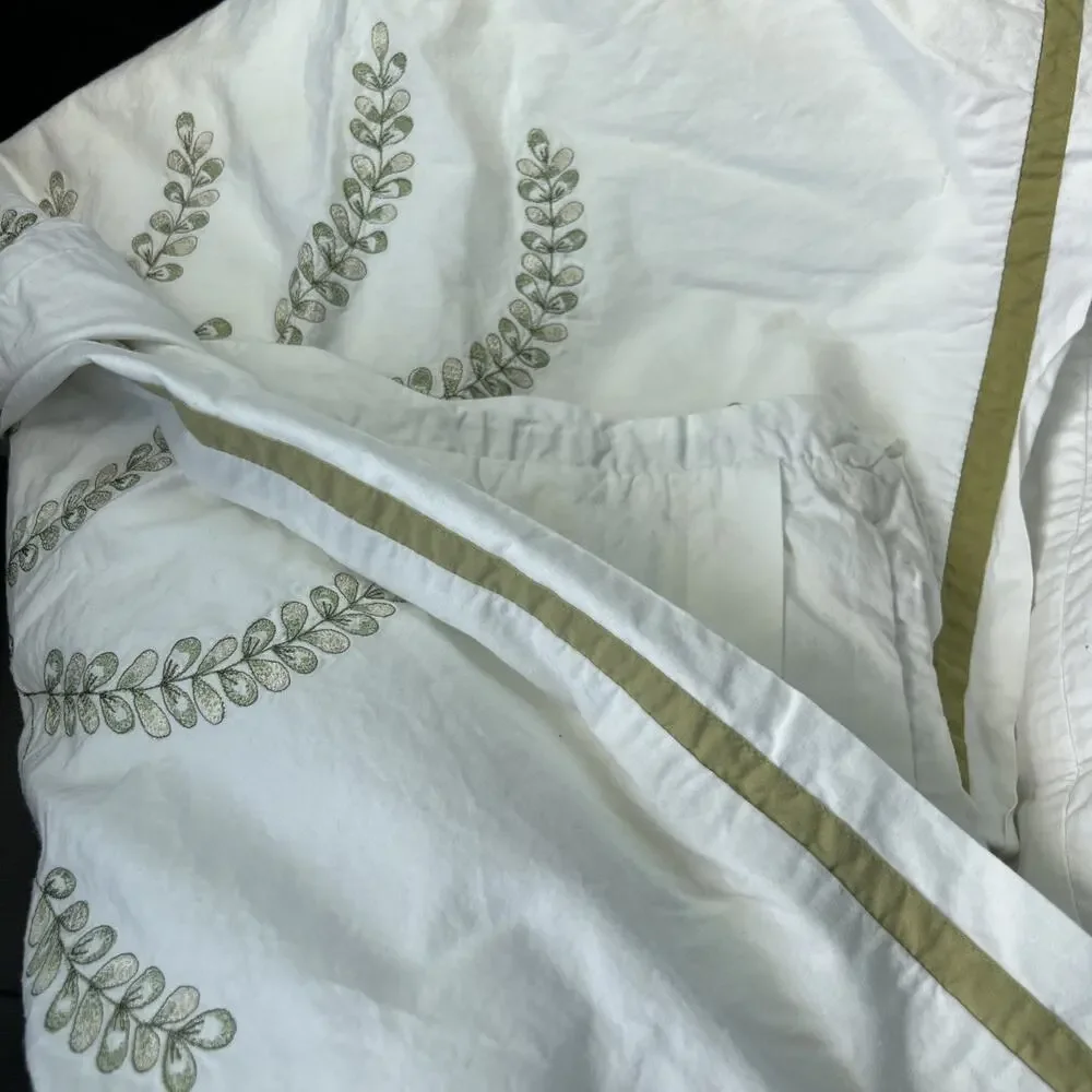 Pottery Barn Floral Embroidered Green Fern White Duvet Cover Botanical Queen